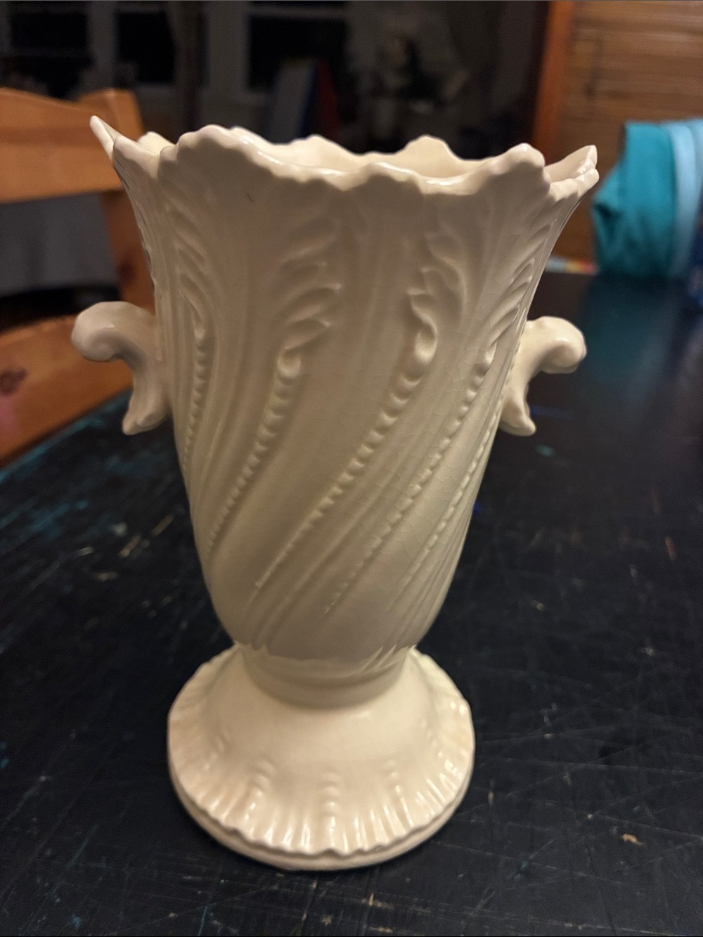 Anchor Hocking White Scalloped Ceramic Vase with Scroll Detailing